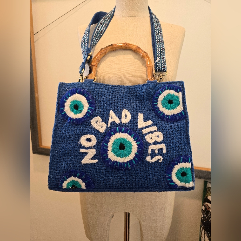 Blue Woven "No Bad Vibes" Tote Bag with Bamboo Handles